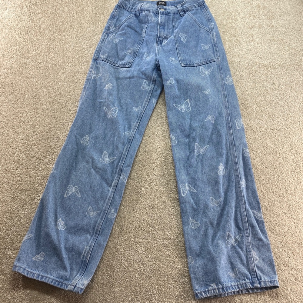 Simple Society Jeans Womens Size 3/26 Blue High Rise‎ Butterfly Print Wide Leg